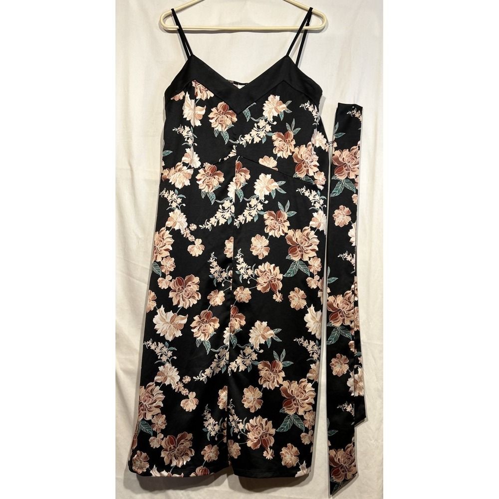 Midi Slip Dress Black Satin with Flowers and Sash Belt Sz L Dress up or down